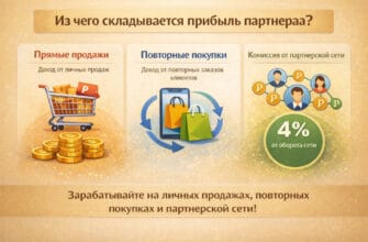 Инфографика: из чего складывается прибыль партнера — прямые продажи, повторные покупки и комиссия 4% от партнерской сети.