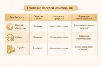 Матрица сравнения моделей монетизации для разных типов ресурсов: скорость сделок, источник трафика и характер вовлеченности в Telegram, на сайтах и в соцсетях.