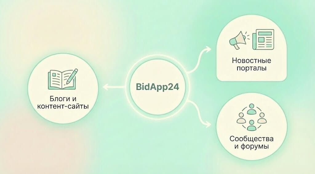 Инфографика, демонстрирующая сценарии использования аукционного виджета на разных типах ресурсов: в медиа-блоге, интернет-магазине и на лендинге эксперта.