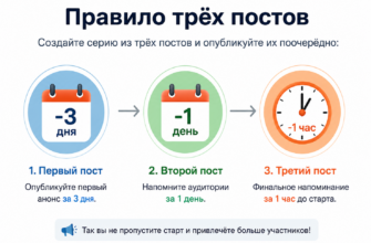 Инфографика, иллюстрирующая 'Правило трех постов' для анонса аукциона: посты за 3 дня, 1 день и 1 час до начала.