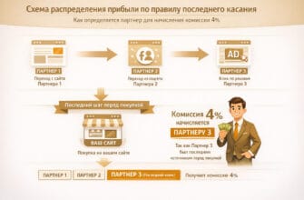 Схема распределения прибыли по правилу последнего касания: как определяется партнер для начисления комиссии 4%.