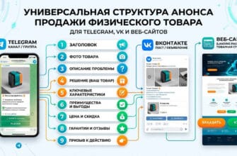 Универсальная структура анонса продажи физического товара для Telegram, VK и веб-сайтов.
