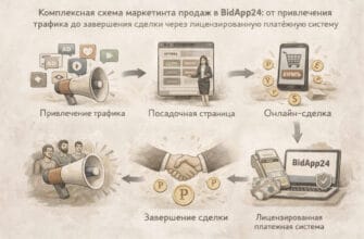 Комплексная схема маркетинга продаж в BidApp24: от привлечения трафика до завершения сделки через лицензированную платежную систему.